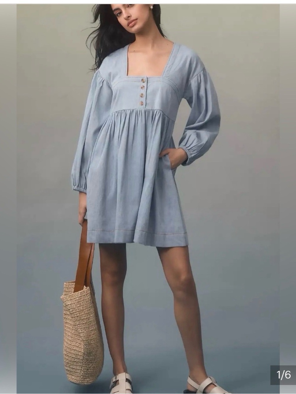 Anthropologie Light Wash Denim Long-Sleeve Square Neck Babydoll Dress